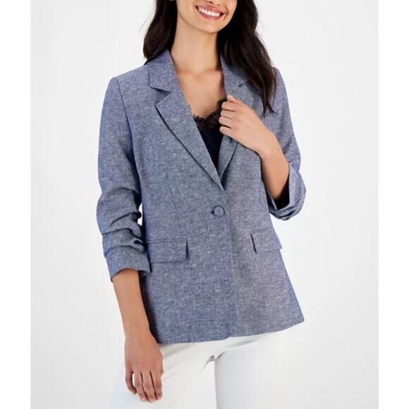 T Tahari Women's Ruched-Sleeve Blazer Dark Navy Size 4 - Picture 2 of 4